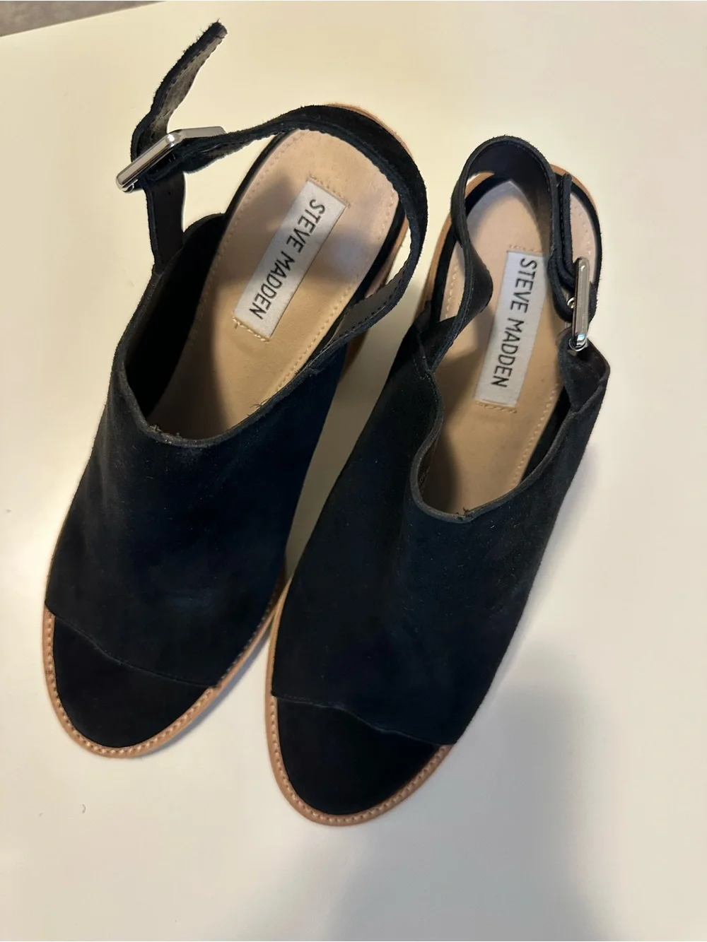 Steven Madden Black Suede Peep Toe Slingback Heels | Wood Block Heels | - Picture 3 of 14